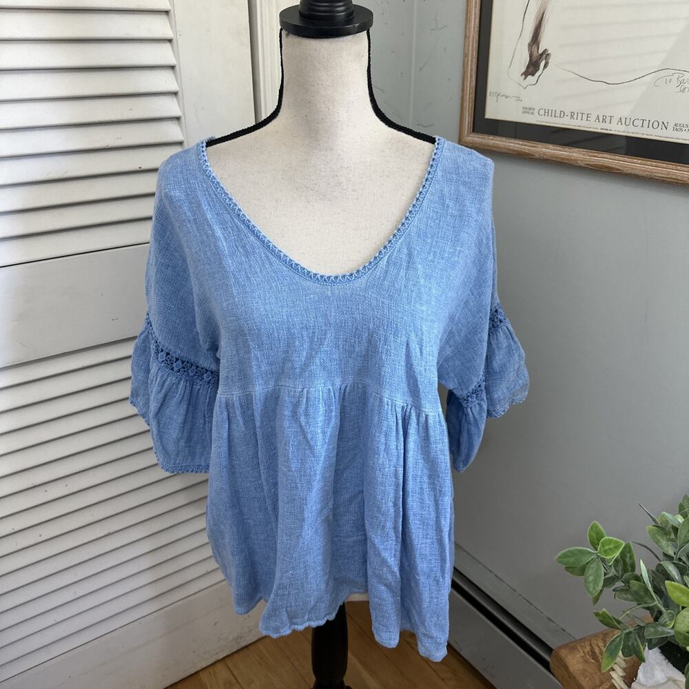 Nais Top Womens Large Blue Cotton Linen Babydoll Coastal Lagenlook Euro Summer*